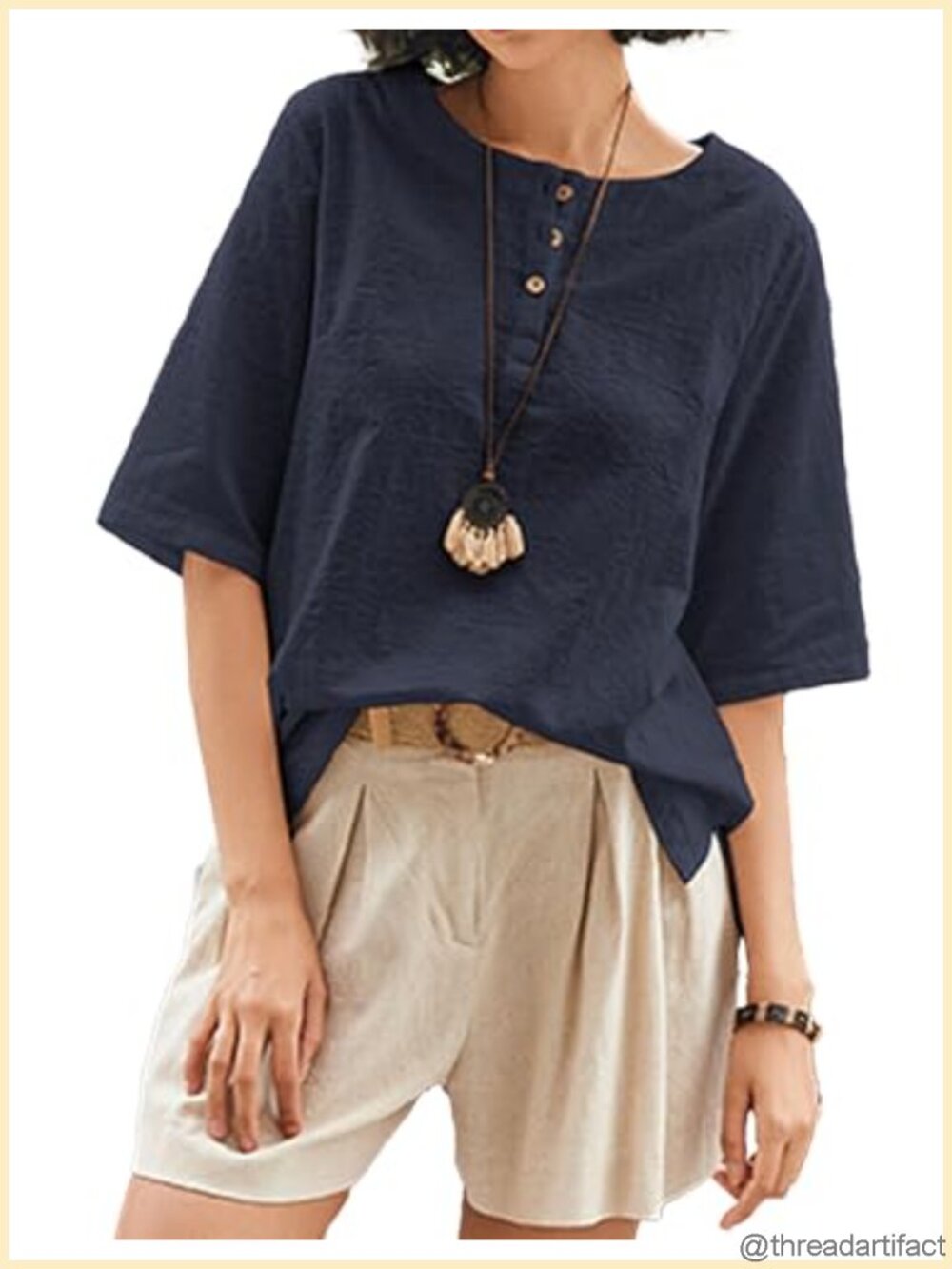 Womens 100% Cotton Tunic Top Loose Fit 3/4 Sleeve Boho Summer Shirt